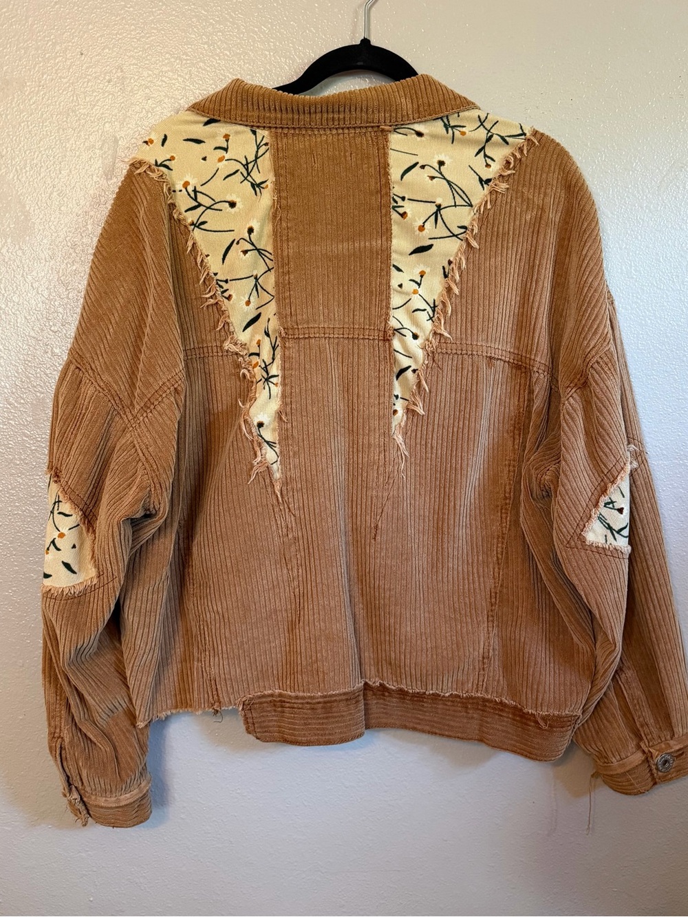 POL Oversized Corduroy Distressed Patchwork Floral Shacket Boho Raw Edge Jacket - Picture 3 of 12